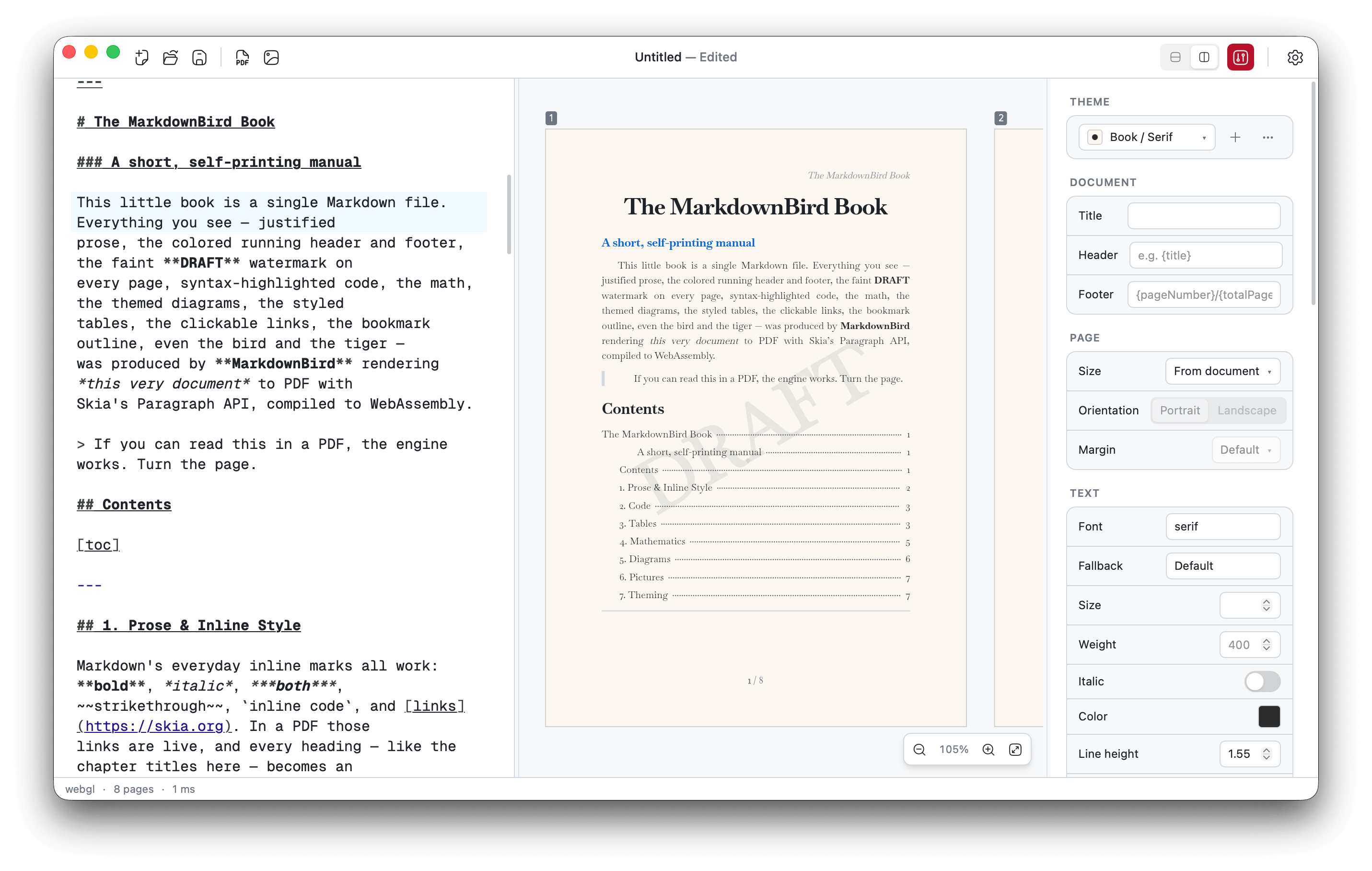 The MarkdownBird editor with a live document preview