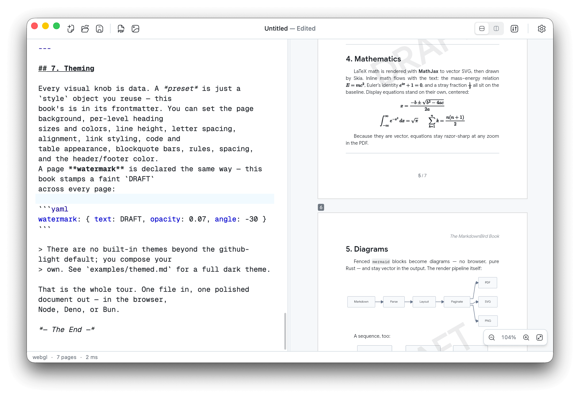 The MarkdownBird editor with a live document preview